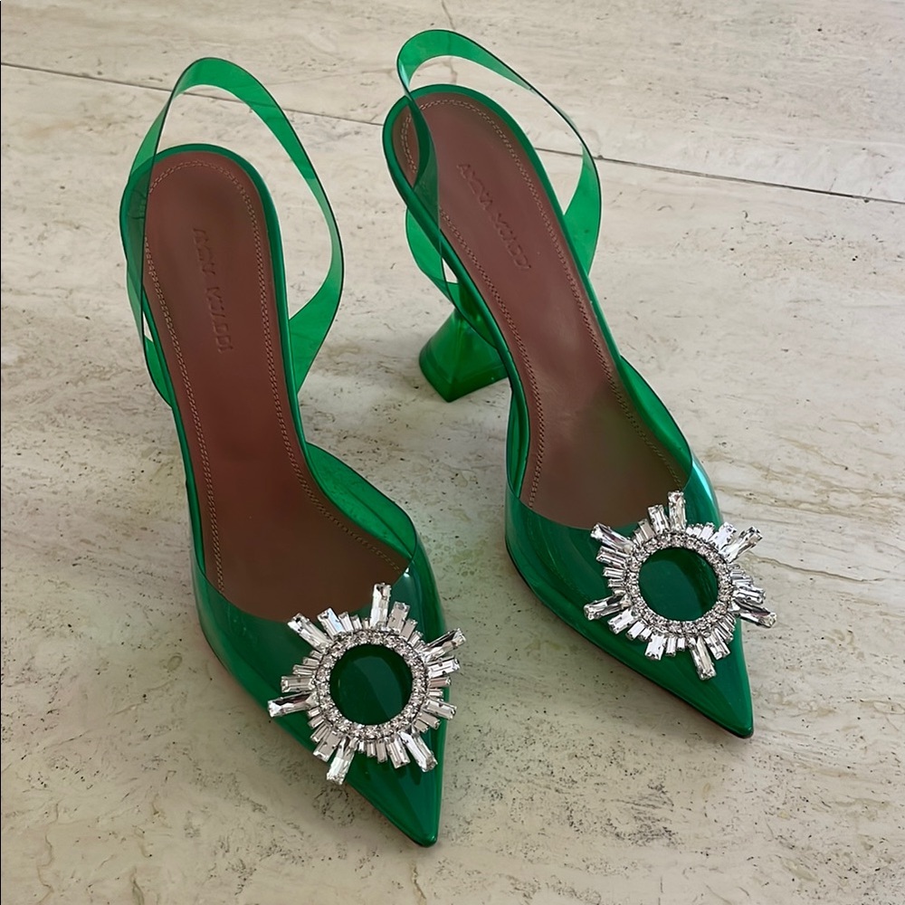 Amina Muaddi Emerald Heels with Sparkling Embellishments